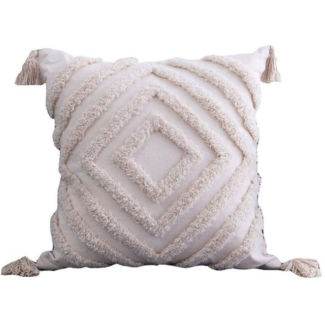 Funda de cojín con borlas boho, funda de almohada decorativa beige súper suave con flecos de borlas para sofá y dormitorio, 18 x 18 pulgadas