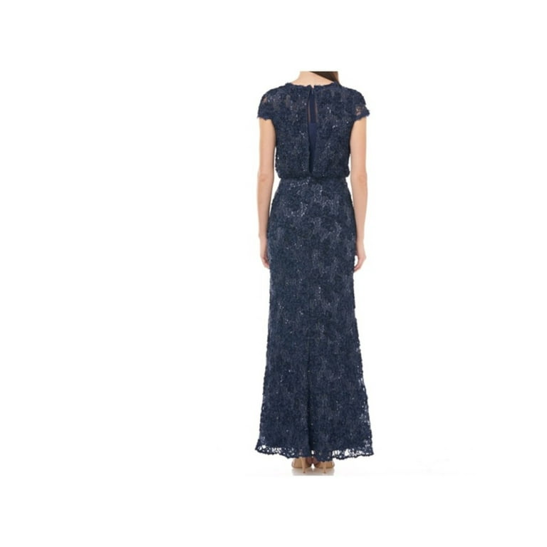 JS COLLECTION Womens Navy Lace Zippered Soutache Embroidered Gown Short Sleeve Crew Neck Maxi Formal Blouson Dress 6 Walmart
