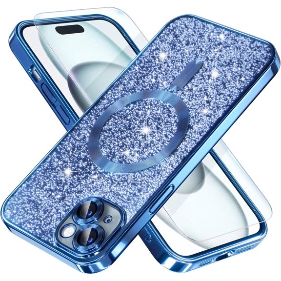 Magnetic for iPhone 15 Case Compatible with MagSafe [Military Grade Drop Protection] Full Camera Lens Protector Plating Glitter Soft Phone Case for Women Girls, Blue