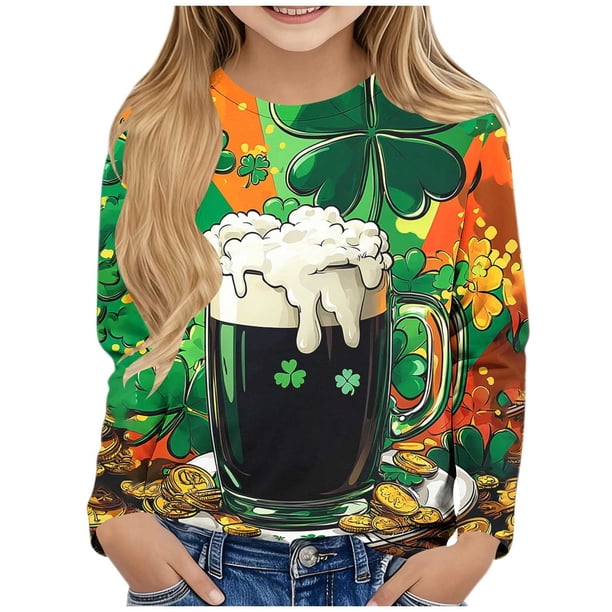 Blusas y camisas de manga larga con cuello redondo y estampado de San Patricio para niños, blusa informal de manga larga con cuello redondo, blusa de poliéster para niñas