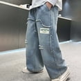thumbnail image 2 of Ticikt Boys Baggy Jeans, Wide Leg Elastic Waist Denim Pants Loose Fit Trousers Vintage Y2K Streetwear for All Season,Color:Blue,Size:15-16 Years, 2 of 9
