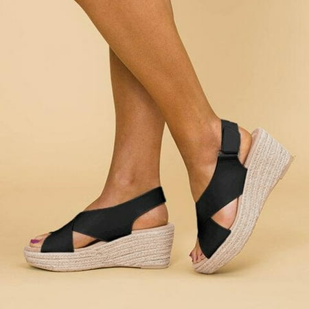 

HIBRO Women s Summer Buckle Strap Wedges Beach Open Toe Breathable Sandals Weave Shoes