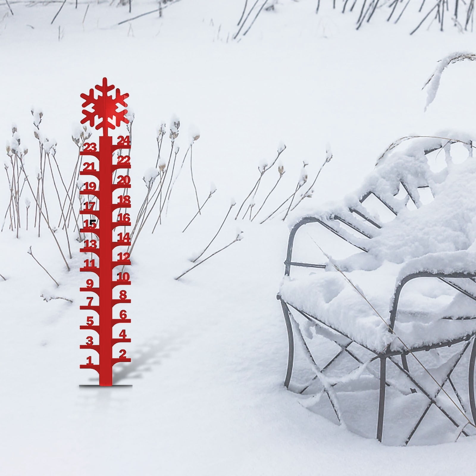 Wrought Iron Christmas Snow Gauge with Snowflake Design, Hand-Painted Outdoor Yard Decoration, 24 Inch Metal Measuring Stake for Winter Holiday Display