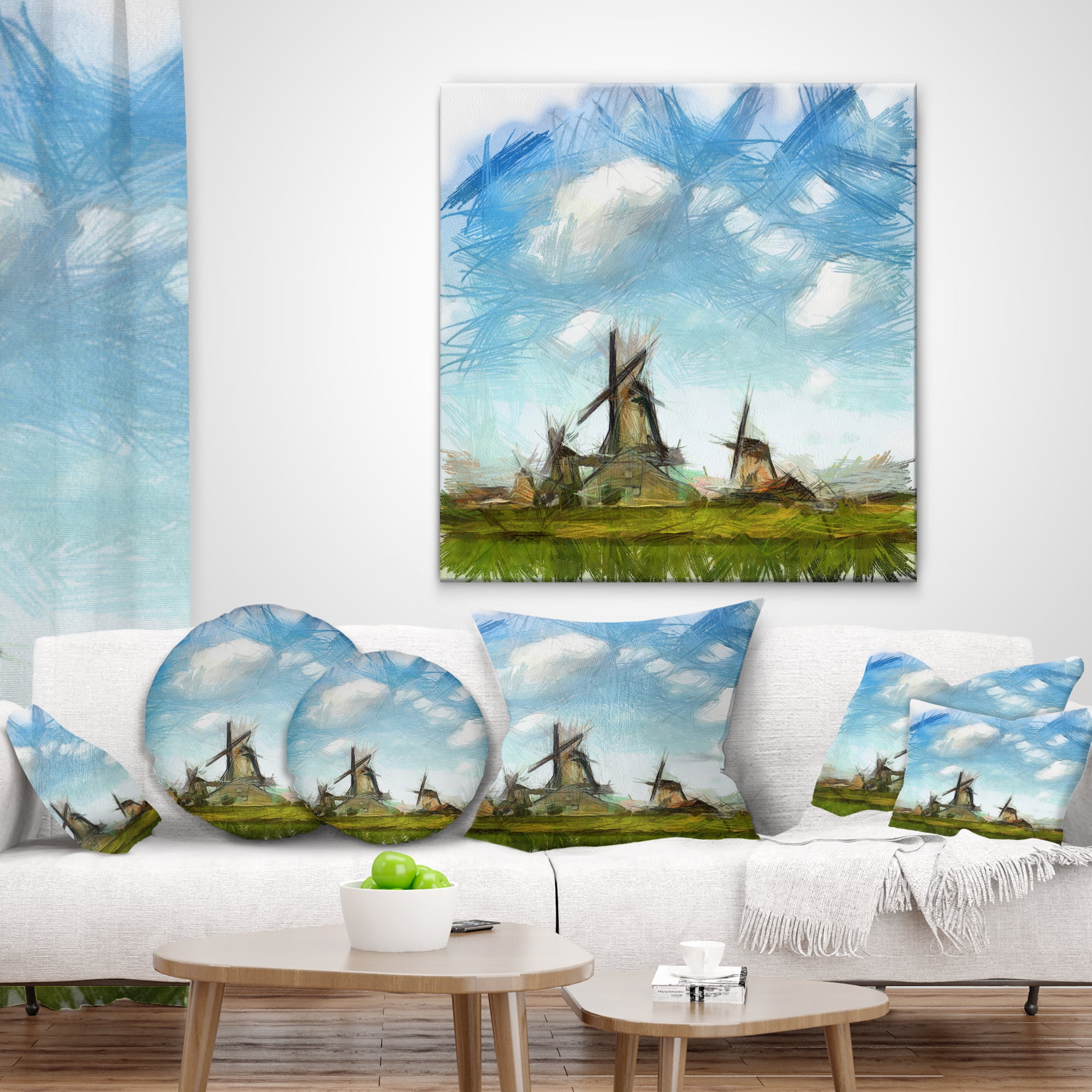 Designart Watercolor Windmill in Netherlands - Landscape Printed Throw Pillow - 18x18