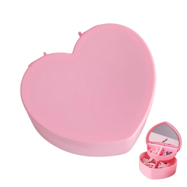 Love Heart Shaped Storage Box with Mirror, Multi-Grid Jewelry Organizer for Rings & Earrings, Compact Desktop Cosmetic Display Case, Pink White, 5.31 Inch