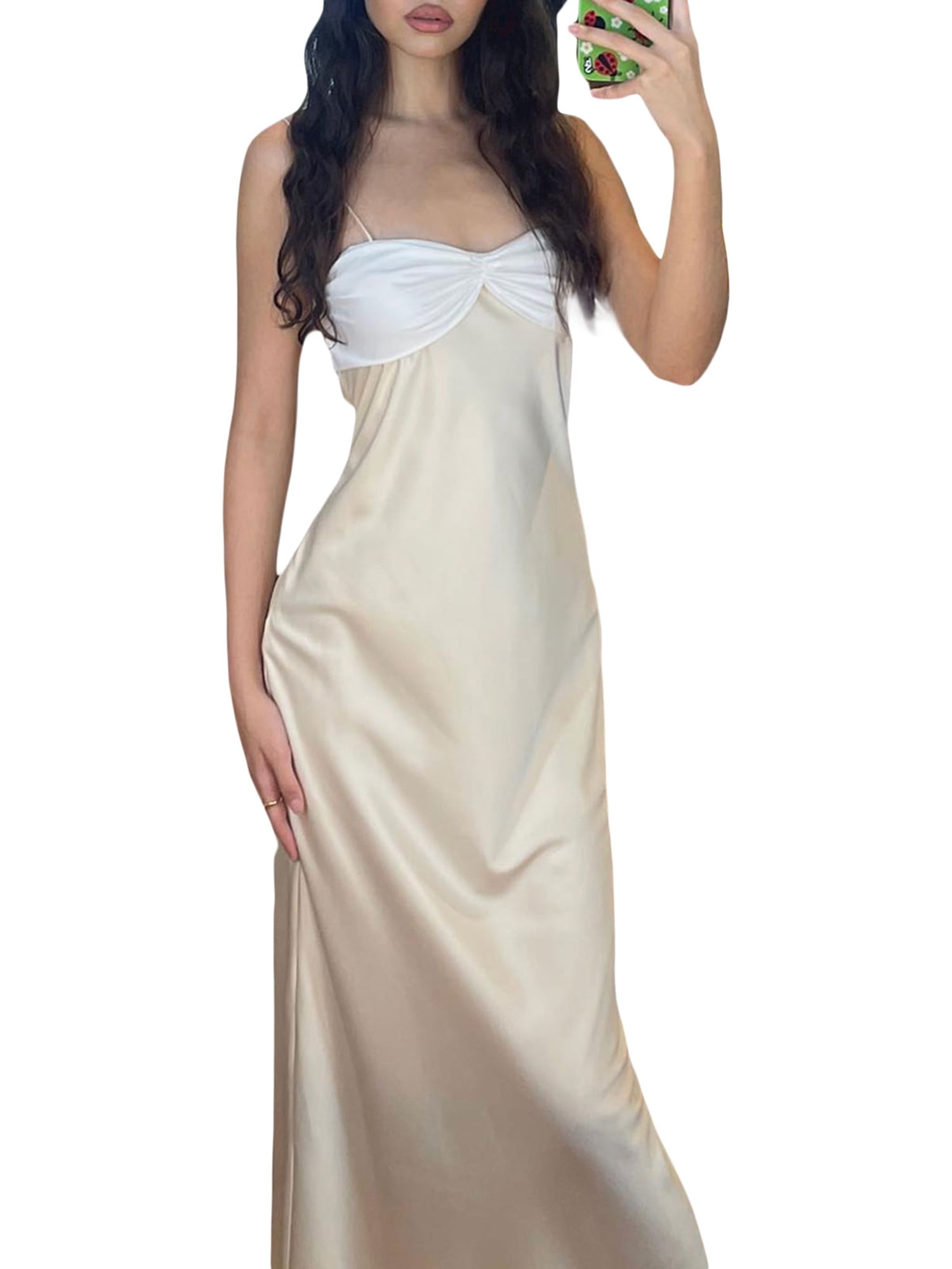 OMEWEE Robe Longue Femme Sans Manches Spaghetti Bretelles Robe Plissé Swing Maxi Sun Jupe Fête Vacances Plage Robee Avec Poches Jaune XS