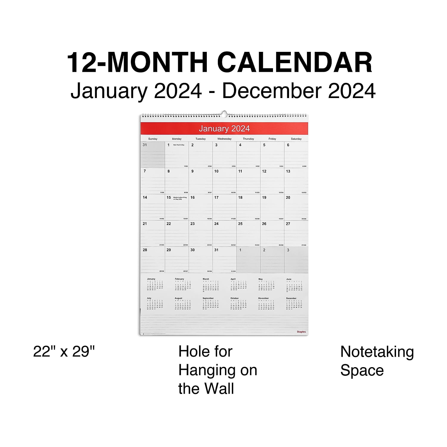 2024 Staples 22" x 29" Wall Calendar White/Red (ST53914-24) - Walmart.com