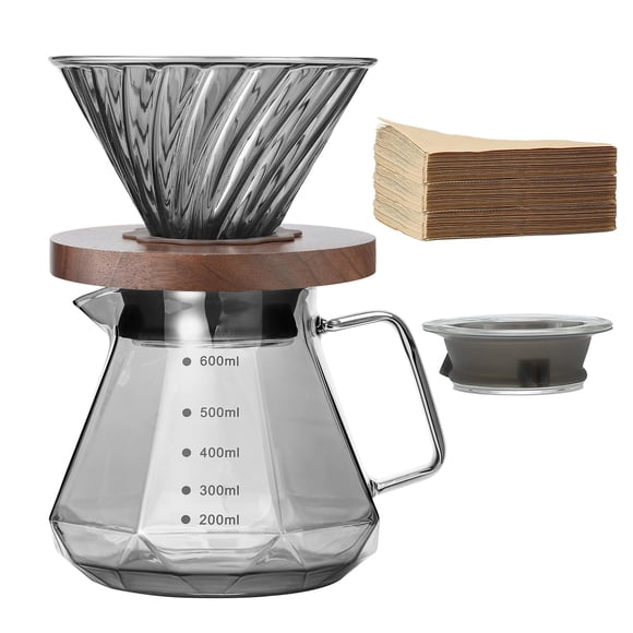 Lalord Cafetera para verter, jarra de vidrio de borosilicato de 20 oz con 100 filtros de papel V60, mango de nogal y tapa de vidrio, cafetera de goteo para el hogar, cafetería, restaurante, camping, 6