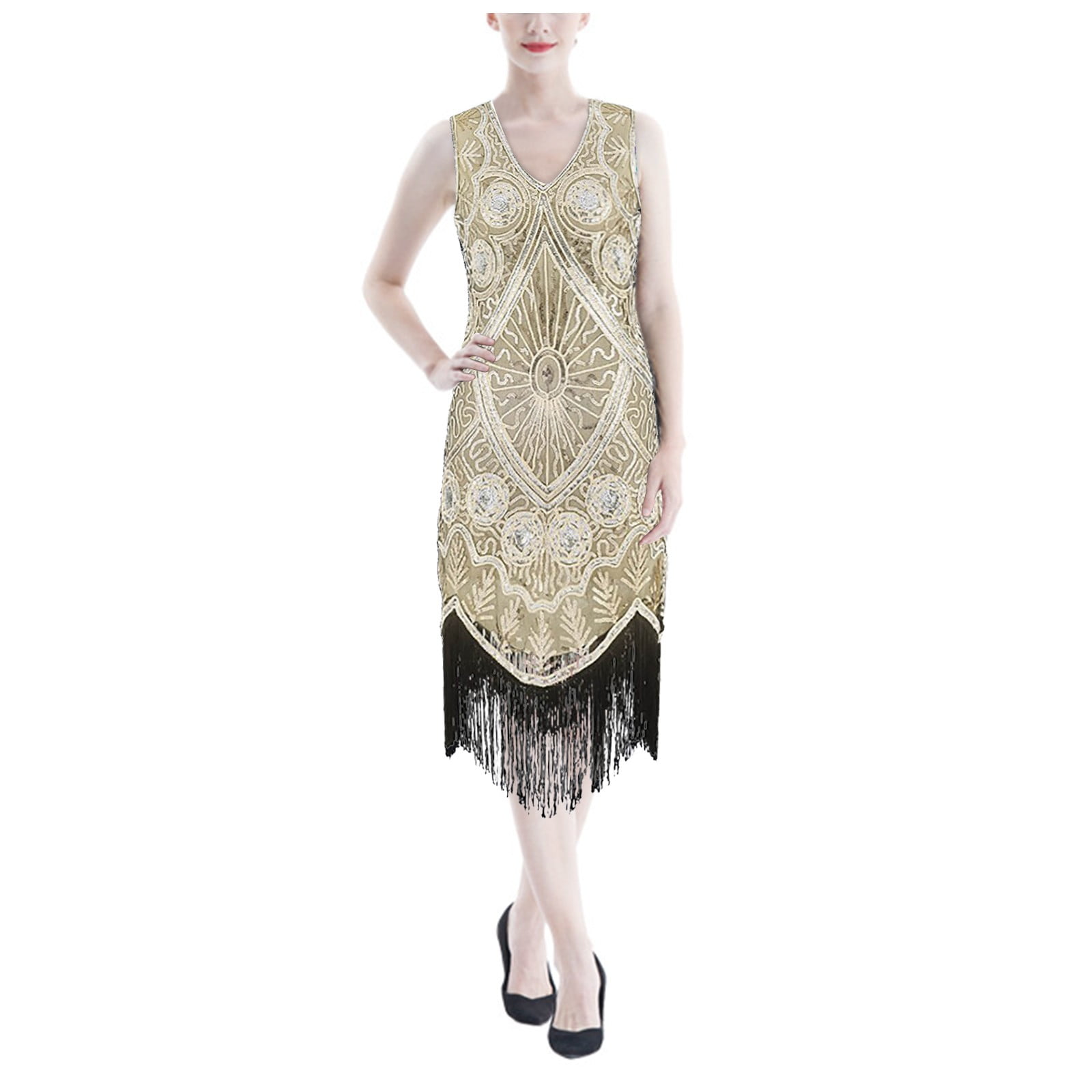 US Womens Shiny Sequins Dress Beaded Tassels Hem Flapper Cocktail 1920s Dresses