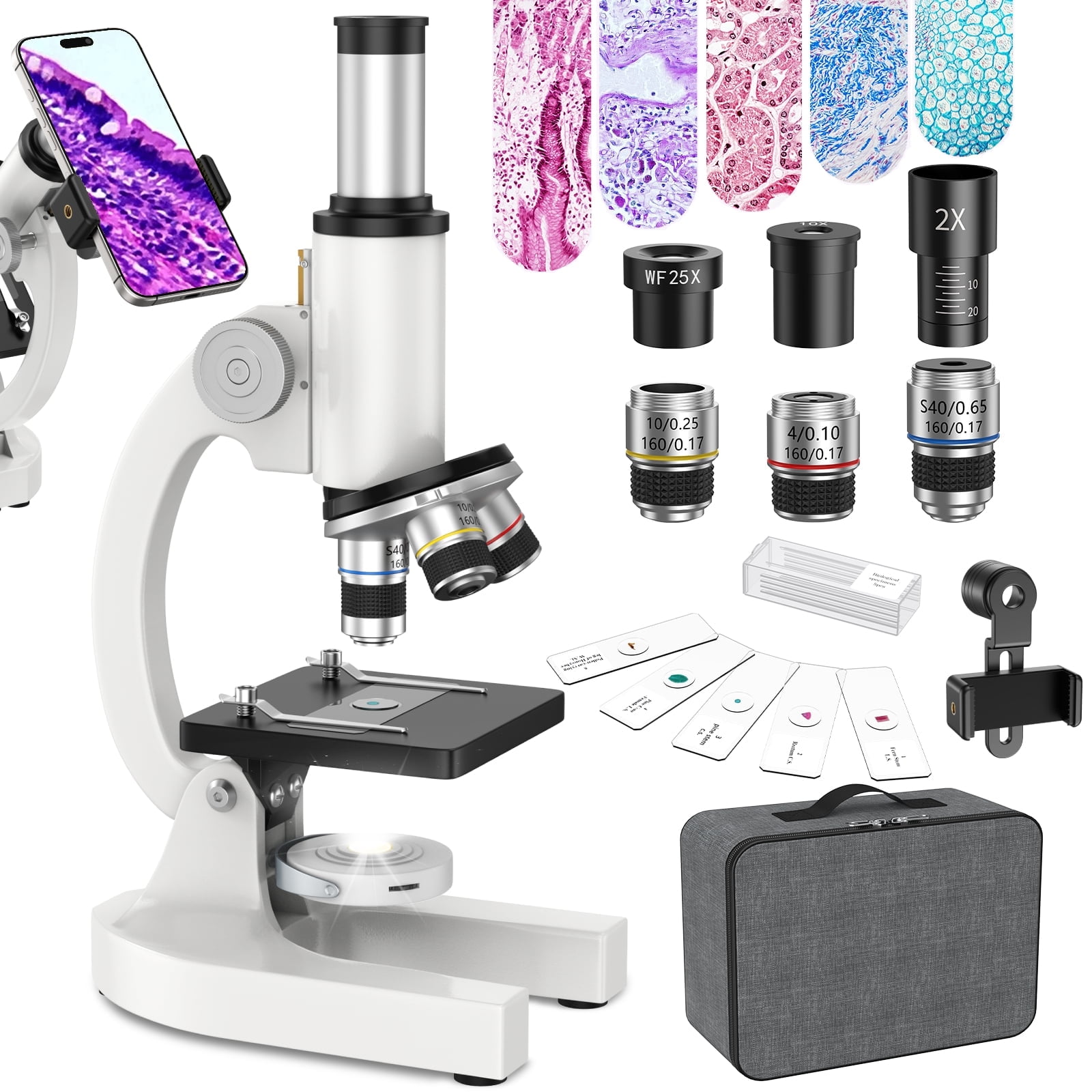 USCAMEL Microscope Kit for Kids & Beginners, 40X‑2000X Compound Student Microscope, Biological Microscope for Lab, Home & School, Educational Gift with Carrying Case
