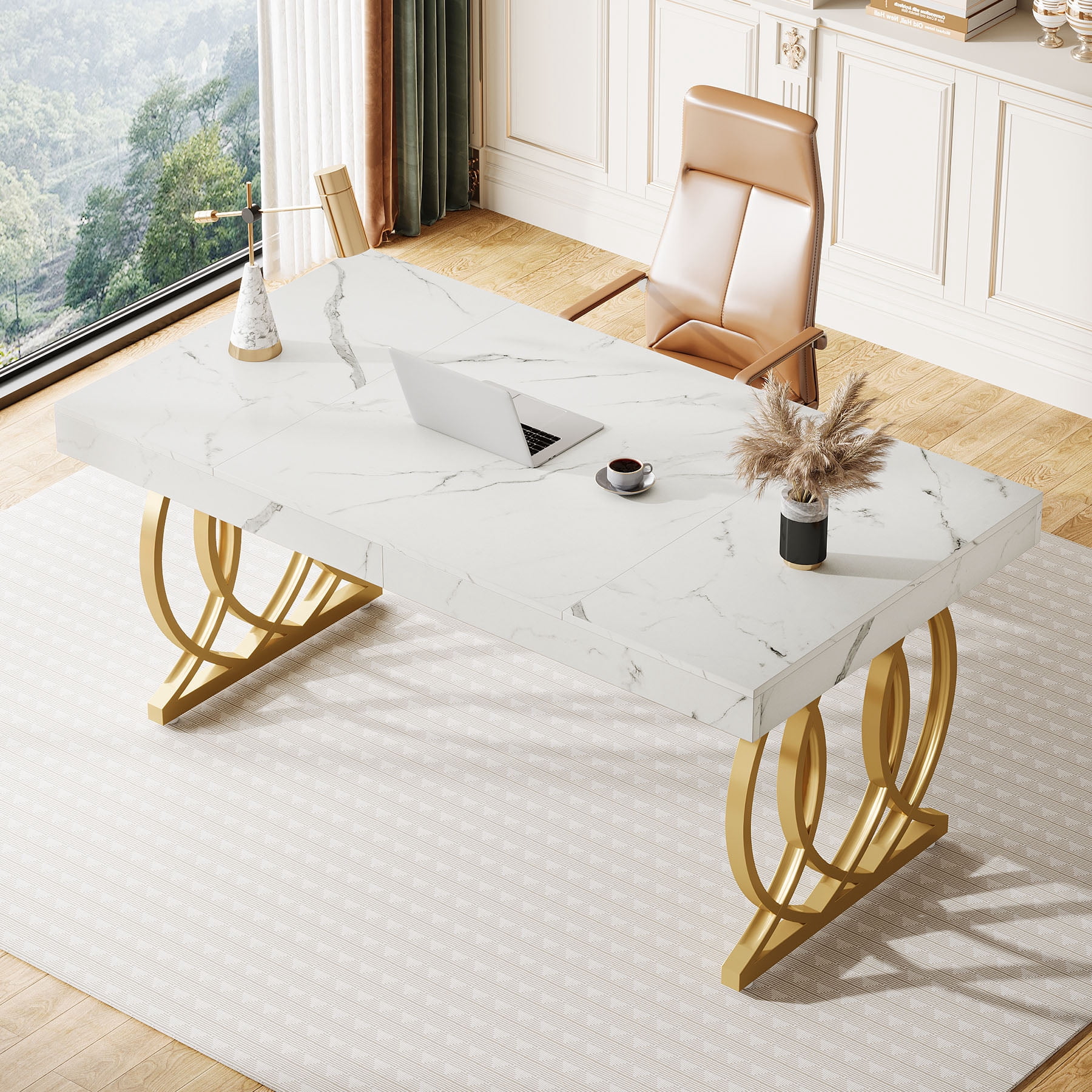 Tribesigns 63-inch Executive Desk, Modern Office Computer Desk with Stylish Gold Legs, White and Gold