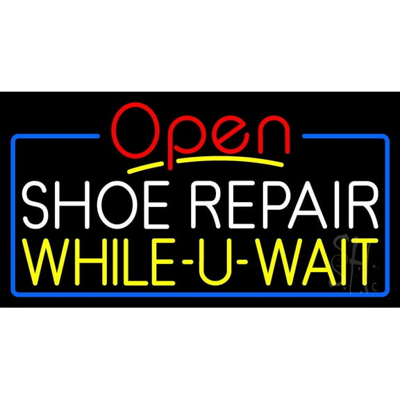 White Shoe Repair Yellow While You Wait Open LED Neon Sign 13 x 24 - inches, Black Square Cut Acrylic Backing, with Dimmer - Bright and Premium built indoor LED Neon Sign for store Décor, Storefront.