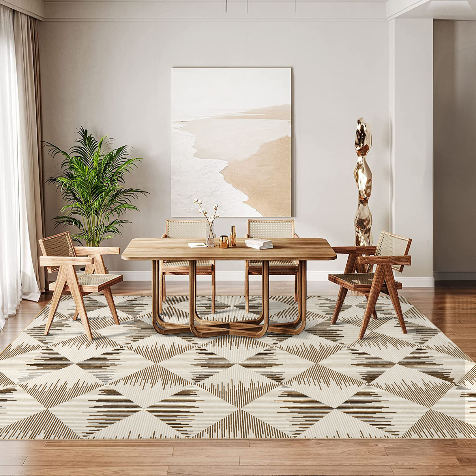 5x7 Washable Area Rugs for Living Room Non Slip Low Pile Modern Geometric Farmhouse Dining Room Carpets for Bedroom Dorm Beige