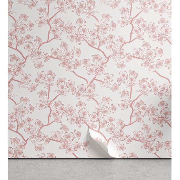 Cherry Blossom Peel & Stick Wallpaper, Retro Revival Sakura Pattern in