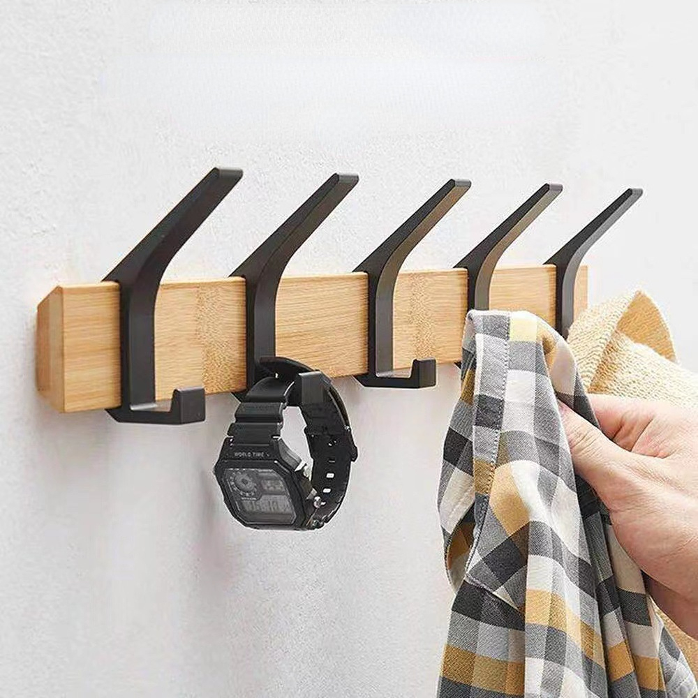 Coat Rack Wall Mount Coat Hooks Wooden Black Coat Rack with 5 Hooks