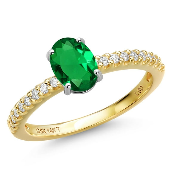Gem Stone King 14K Two Tone Gold Green Nano Emerald and Lab Grown Diamond Engagement Ring for Women | 0.76 Cttw | Oval 7X5MM | Gemstone May Birthstone | Size 7