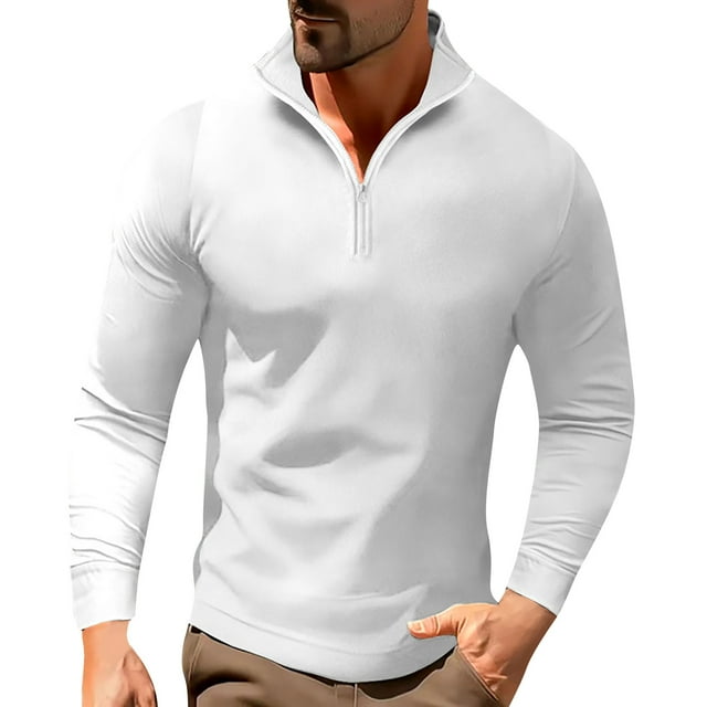 Golf Shirts for Men with Zipper Stand Collared Long Sleeve T-Shirts Mens Casual Solid Color Pullover Breathable Athletic Workout Tees Tops