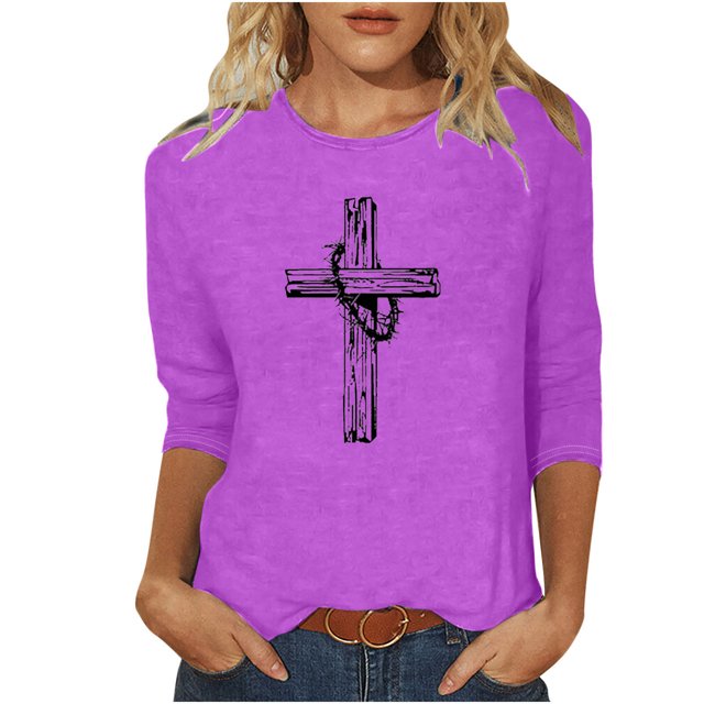 Blouses pour Femmes T-Shirt Imprimé Manches 3/4 Blouse Col Rond Décontracté, Blouses pour Femmes T-Shirts pour Femmes, Blouses pour Femmes Décontractées