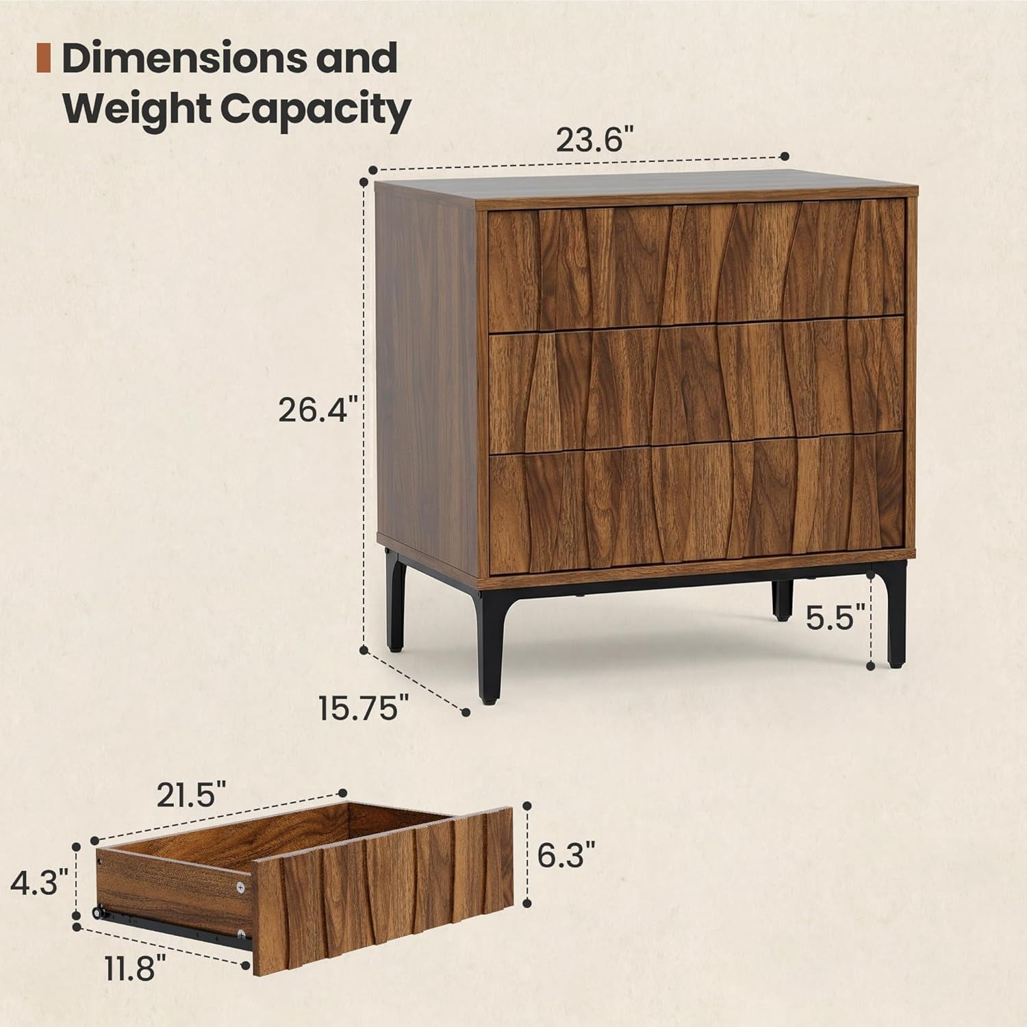 26” Tall Fluted 3 Drawer Walnut Nightstand, Mid-Century Modern Wood Bedside Table for Bedroom or Living Room