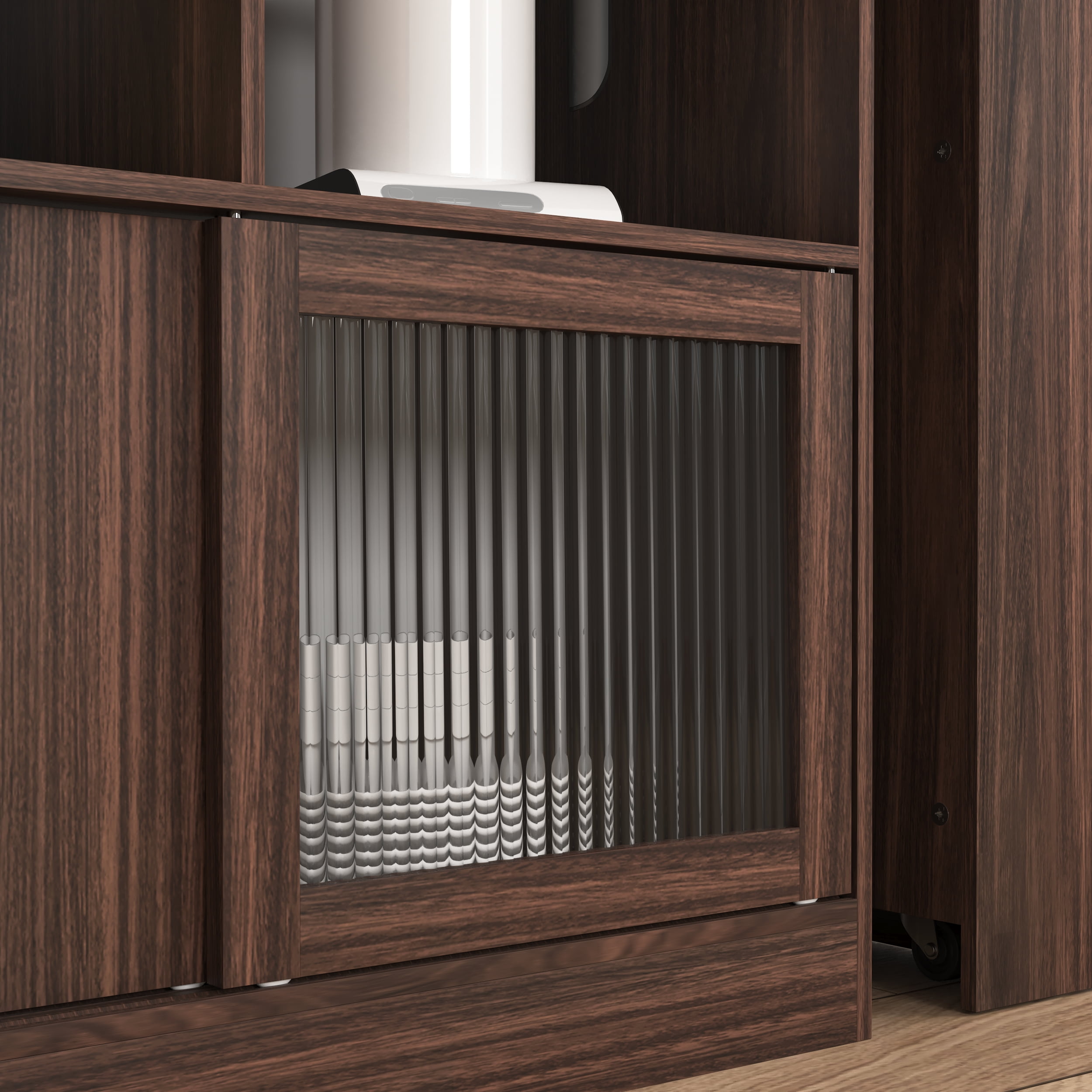 MAYEERTY Modern Bar Cabinet with Rotating Top & Ribbed Glass Doors