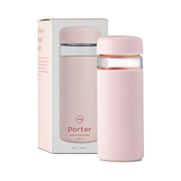 W&P Porter Glass Wide Mouth Bottle w/ Protective Silicone Sleeve | Blush 16 Ounces | On-the-Go | Reusable Bottle | Portable and Lightweight | Dishwasher Safe