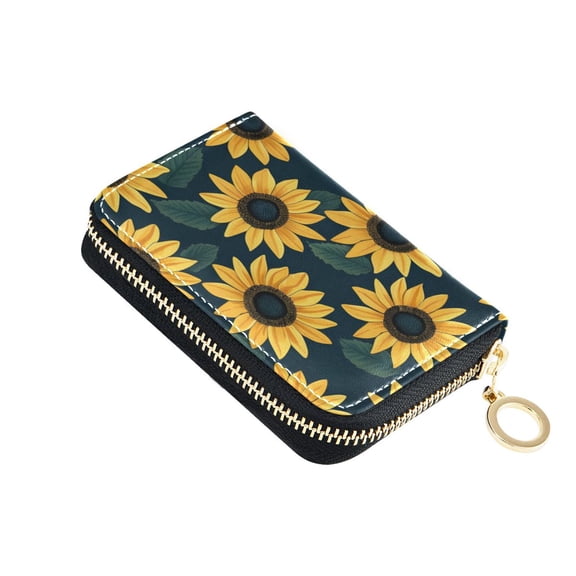 Yellow Sunflowers Green Leaves Women's Credit Card Holder PU Leather Zipper Wallet RFID Blocking