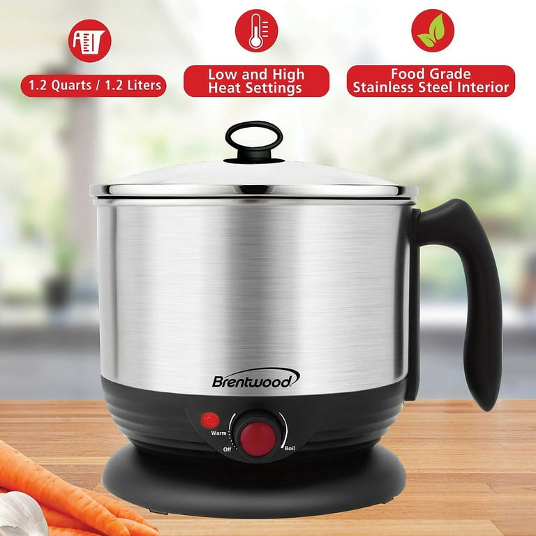 Brentwood Stainless Steel 1.3 Quart Cordless Electric Hot Pot Cooker and Food Steamer in Black