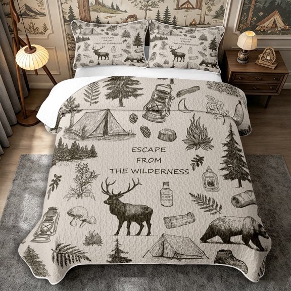 Manfei Jungle Bear Deer Twin Quilt Set 2 Pieces,Adventure RV Accessories Twin Coverlet Set,Beige Brown,1 Bedspread and 1 Pillowcase