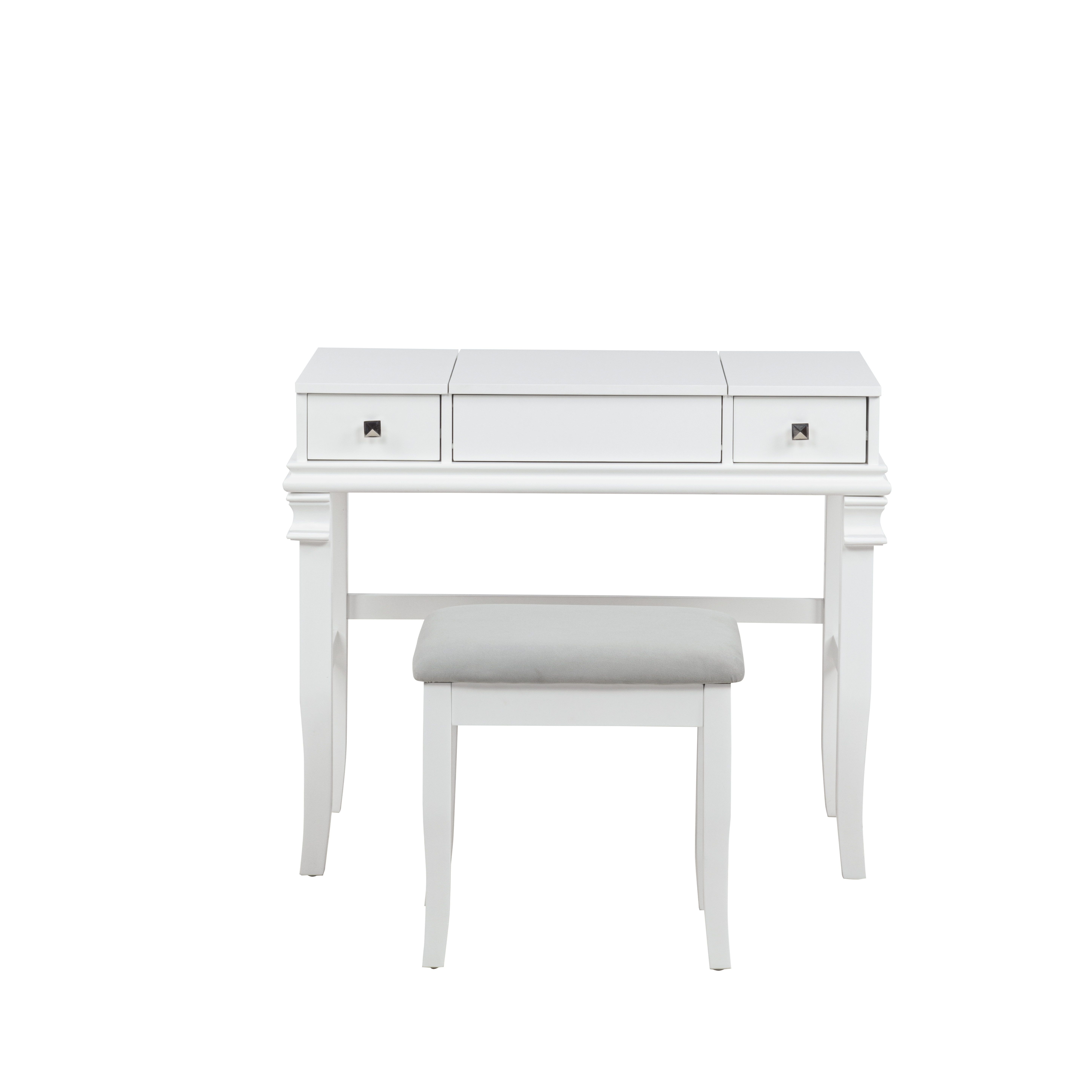 Linon Morton 2-Piece Vanity Set with Flip-Top Mirror and Upholstered Stool, White & Gray
