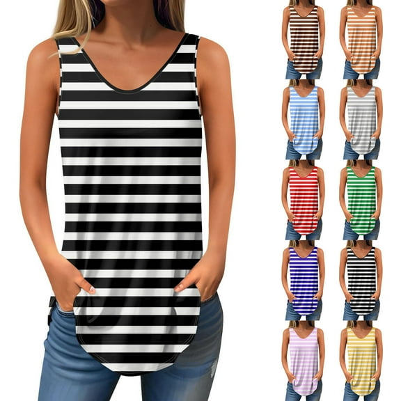 GERsome Summer Tank Tops for Women Striped Sleeveless V Neck Loose Fit Flowy T-Shirts Casual Vacation Curved Hem Muscle Tee S-2XL