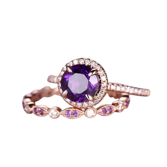 HeartsAndYou 2ct Natural Amethyst Diamond Engagement Ring Bridal Set Halo 14k SOLID Rose Gold