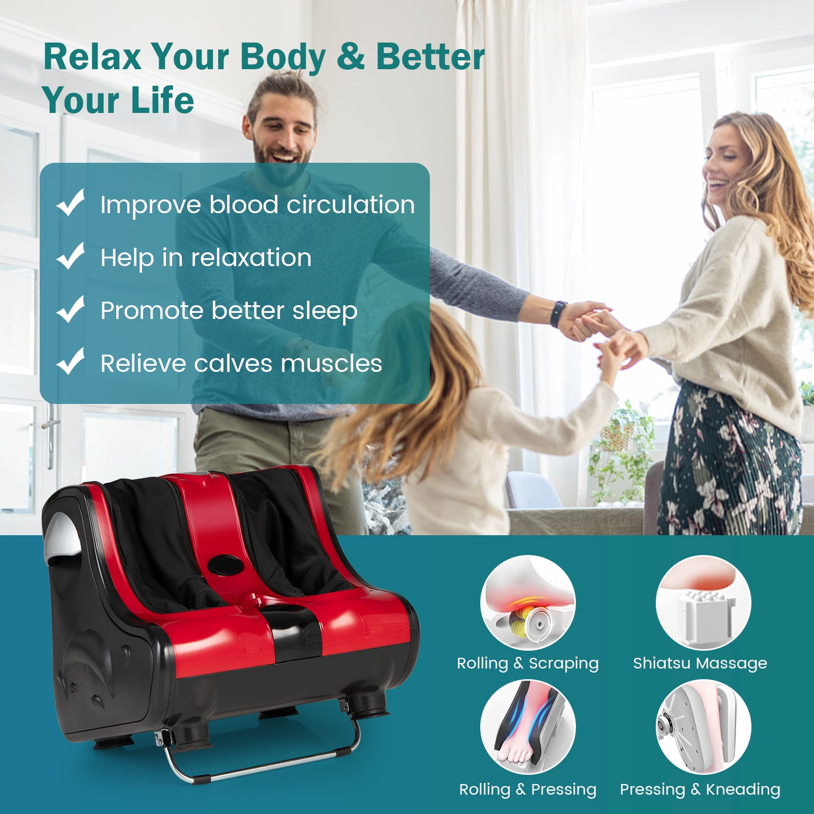 Giantex Foot & Calf Massager, Shiatsu Heated Electric Foot Massager W/ Heating, Deep Kneading & Washable Sleeves, Leg Massager for Relaxation, Foot Pain Relief, Red