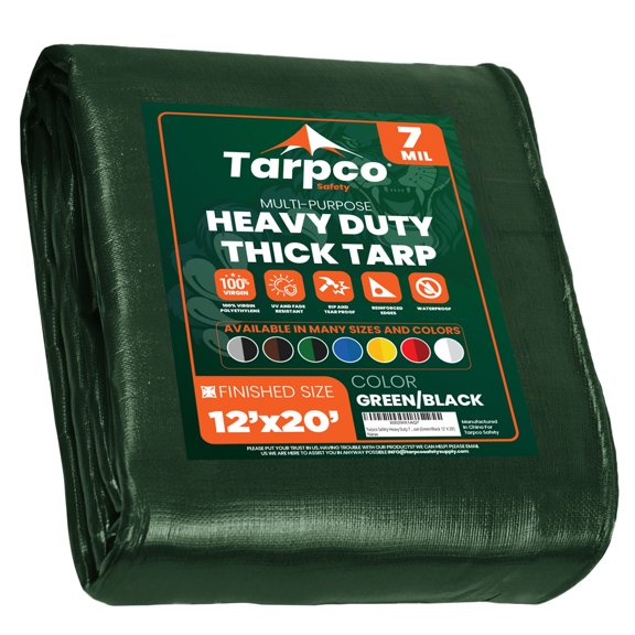 Tarpco Safety 7 Mil Heavy Duty Tarp Camping Tarpaulin Waterproof Cover, Green and Black 12 x 20Ft