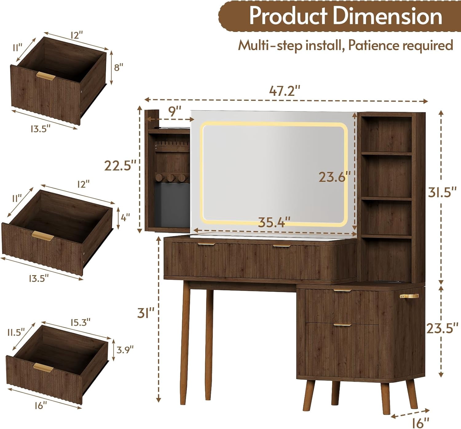 LAZZO 48" Wood Vanity with Glass Top, 3-Color Lights Mirror, Sliding Jewelry Organizer & Charging Station, Brown