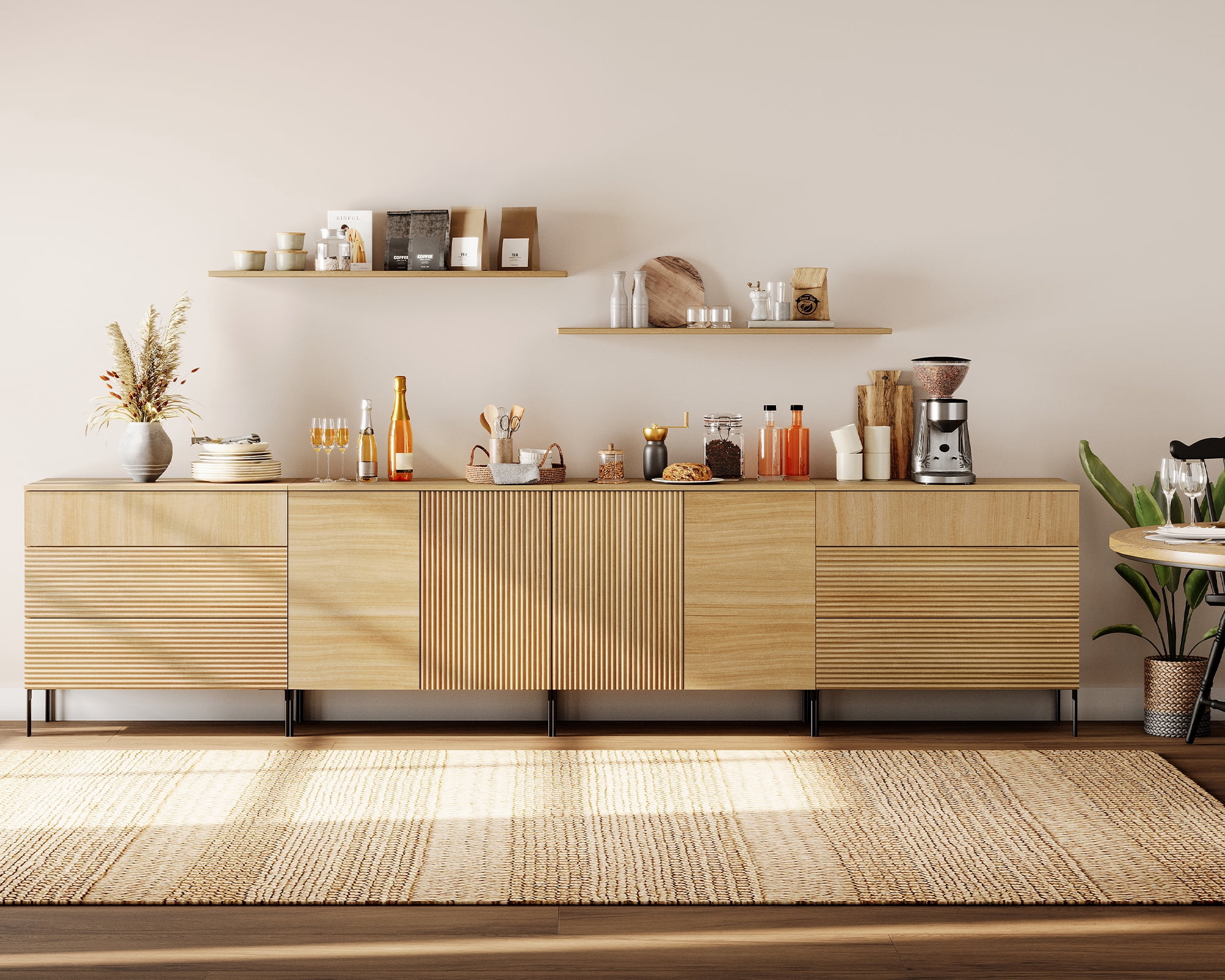 126" Modern Reeded 4-Door Sideboard with Drawers, 4-In-1 Wooden Credenza Storage Cabinet for Kitchen, Dining Room