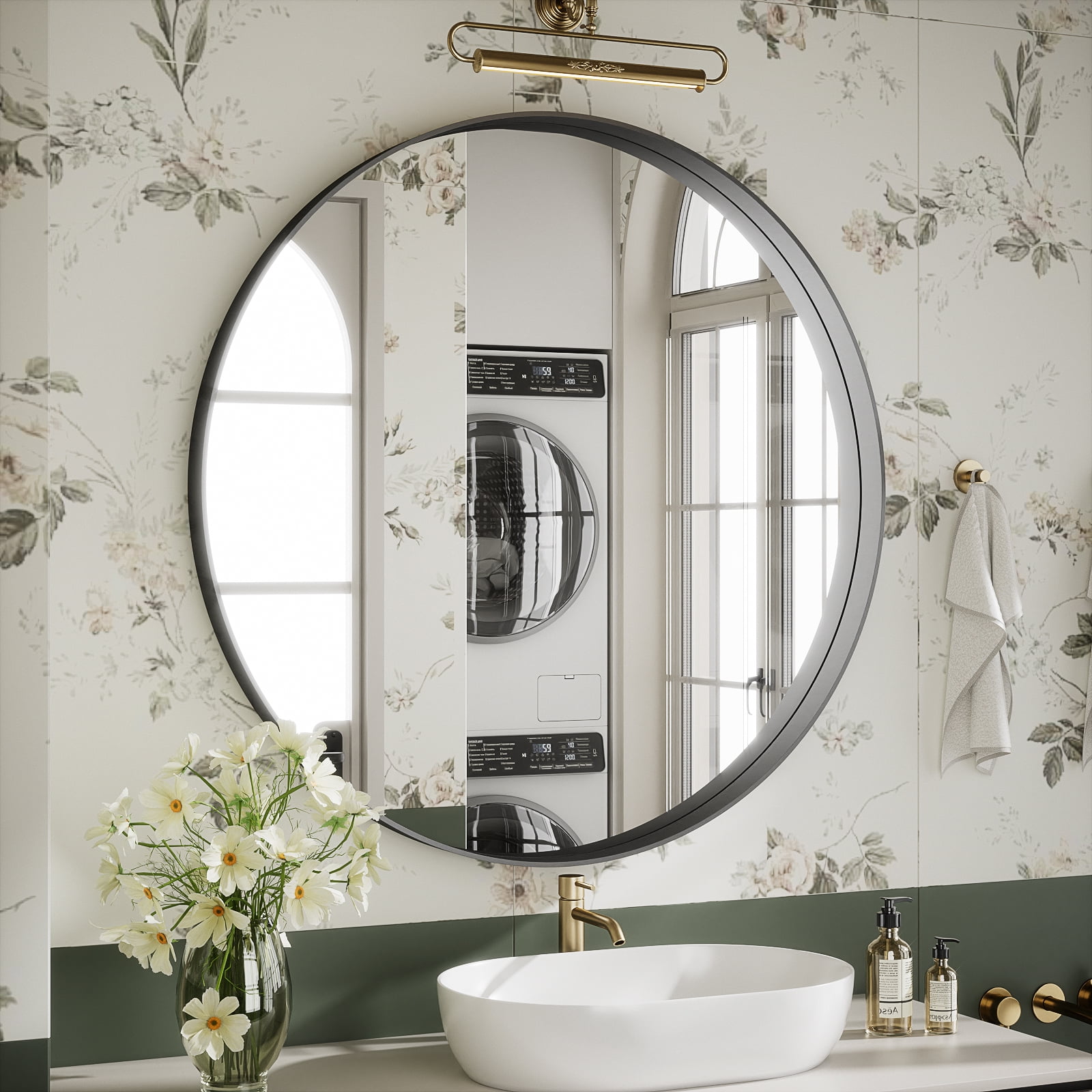 GRAHMCY 30" Bathroom Round Mirror With Deep Frame Wall Decor, Black