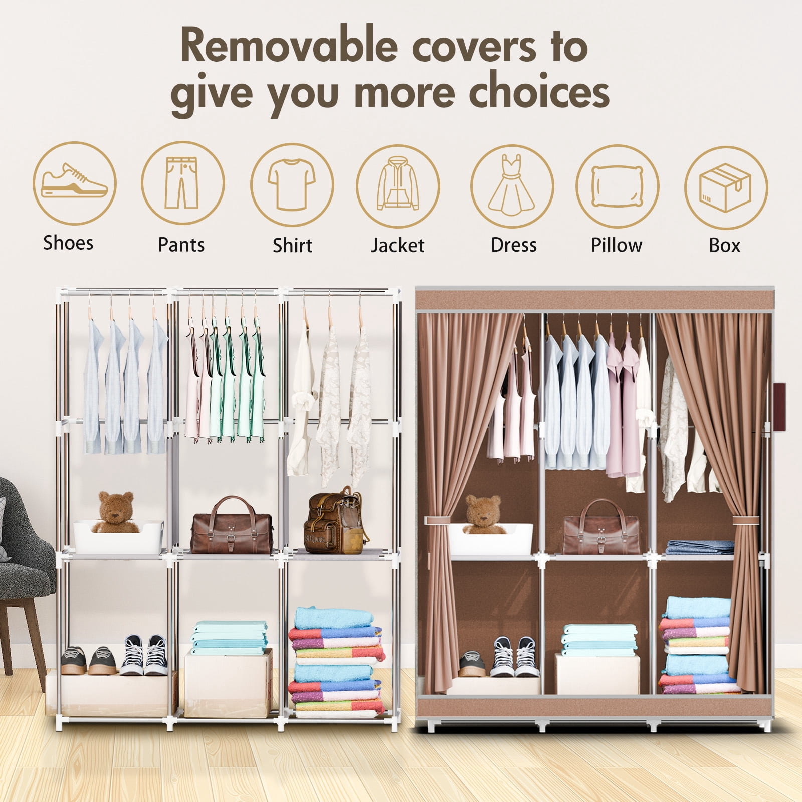 Non-Woven Fabric Closet Organizers and Storage with Cover, Portable Wardrobe Closet Storage, Dustproof Clothing Rack Shelf, Beige