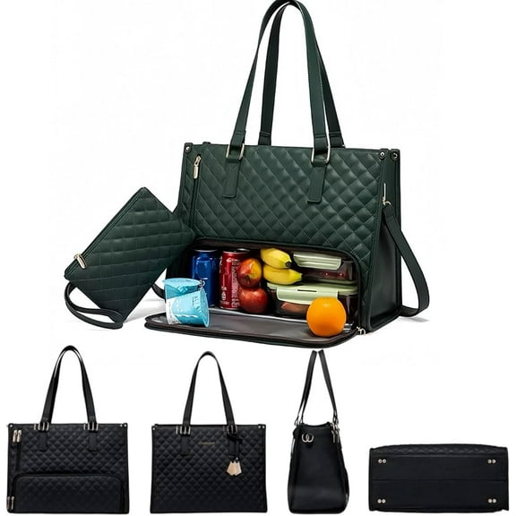 3 in 1 Tote Bag, Tote Bag with Lunch Compartment, 15.6 Inch Laptop with Insulated Luncheon Compartment (Green)