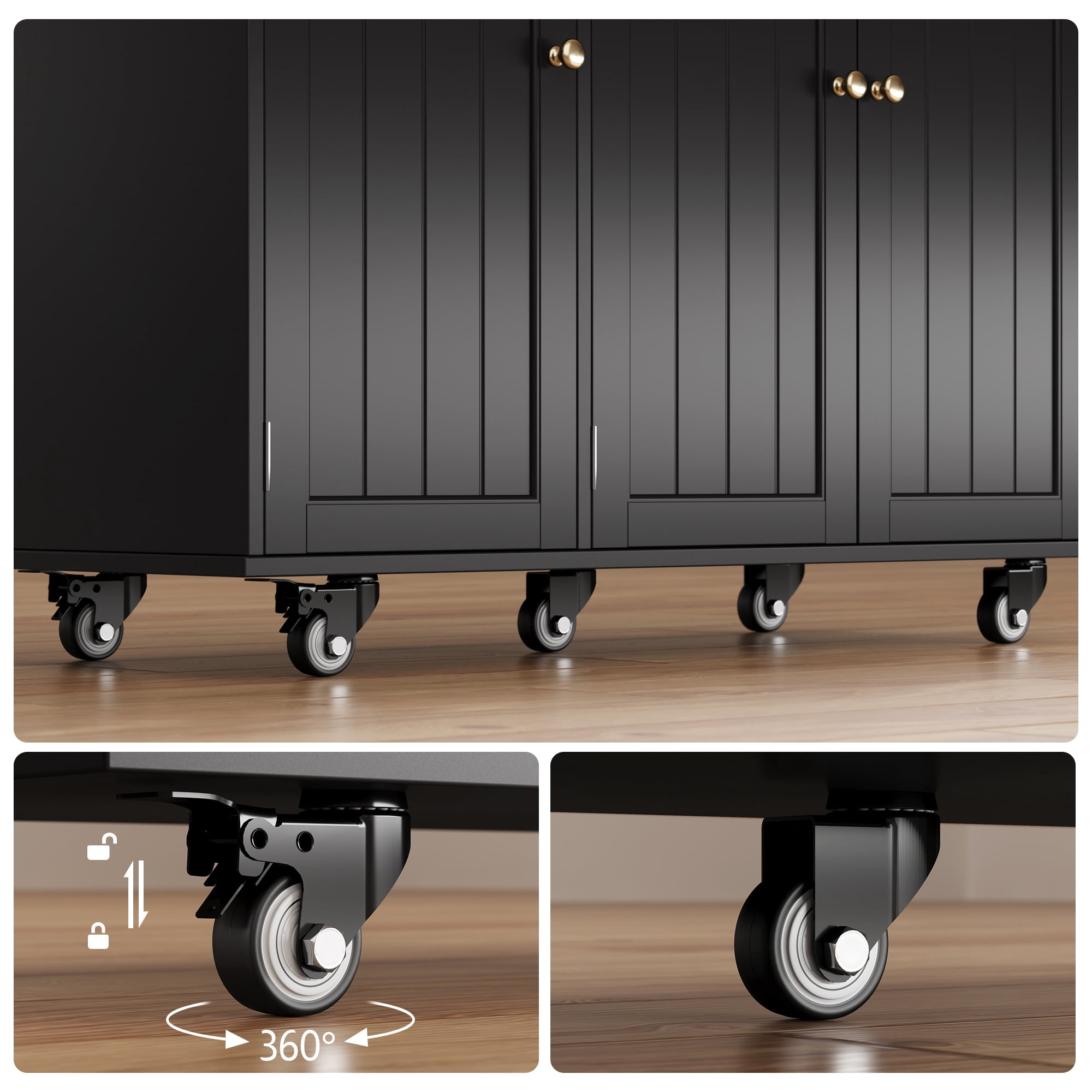 Noelse Rolling Kitchen Island Table with Storage, Drop Leaf Countertop, Kitchen Island with Wheels, Spice Rack & Towel Bar, Black