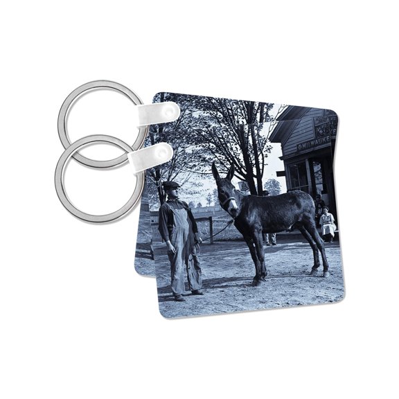 3dRose, 1901 Man and a Mule in Milwaukee Cyan, set of 2 Key Chains
