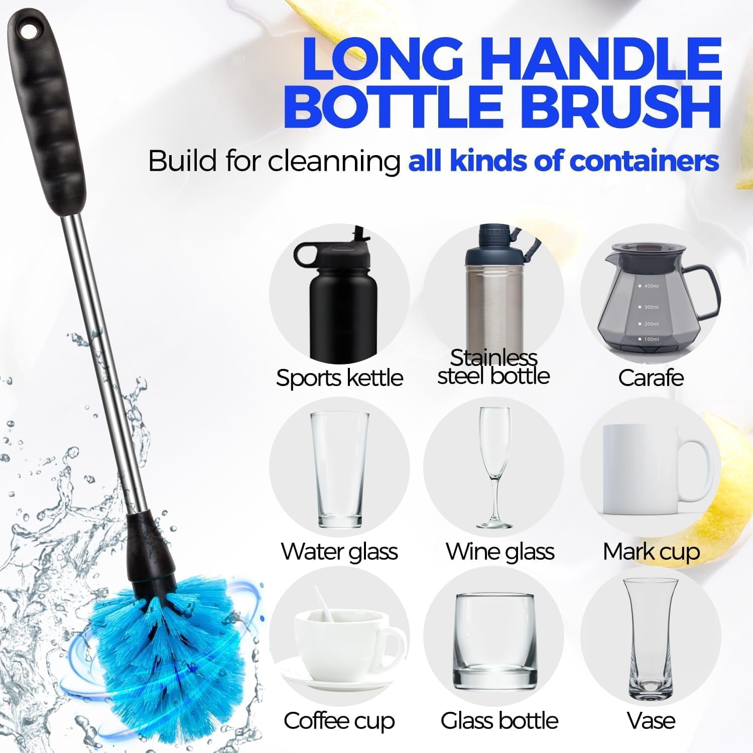 5 Pack Bottle Brush Cleaner Set, 14" Long Handle Stainless Steel Bottle Cleaner Brush, 3 Straw Brushes, Bottle Cleaning Brush for Water Bottle, Cups, Baby Bottle, Straws Blue