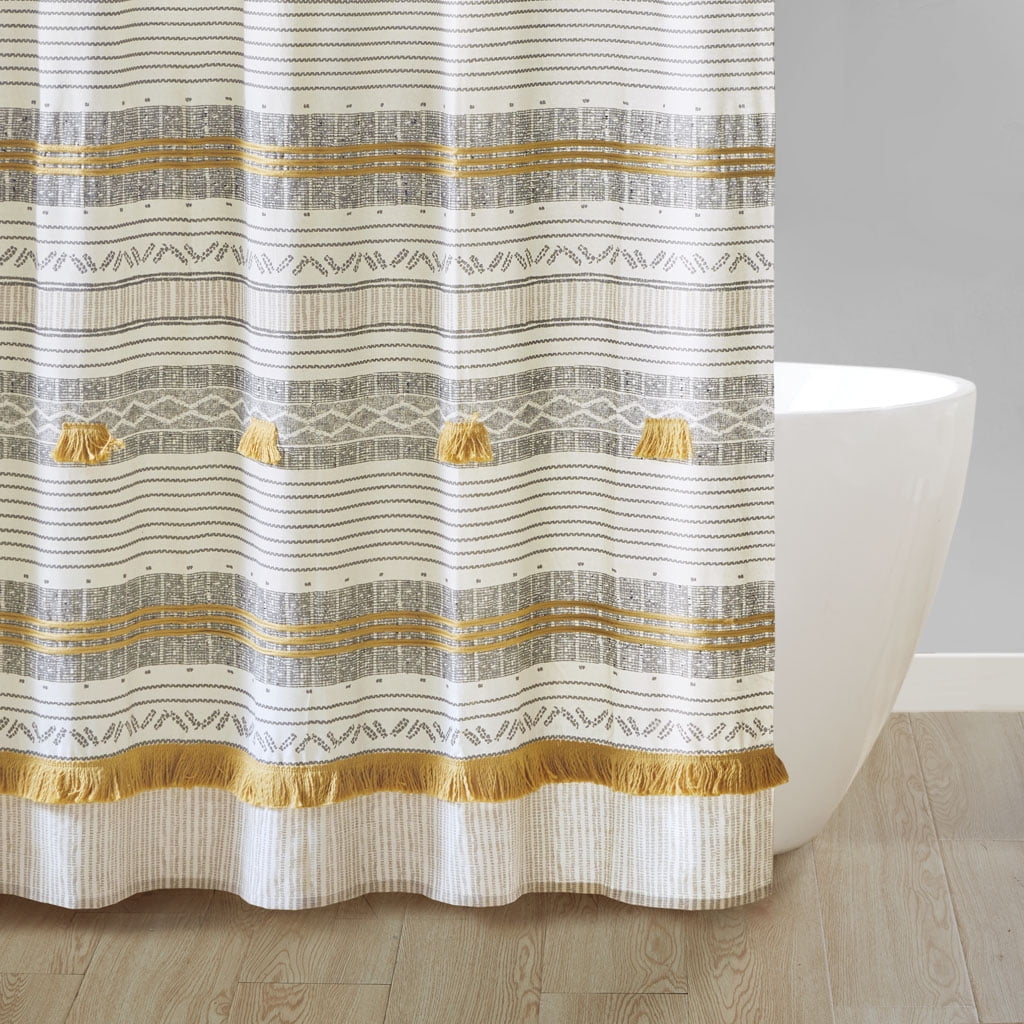 MAYEERTY Cotton Stripe Printed Shower Curtain with Tassel，Bathroom Shower Curtains