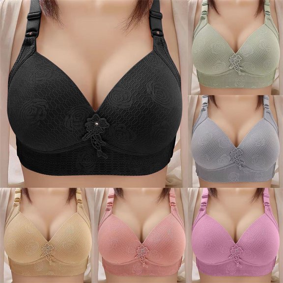 Gymayou Full Cup Wireless Bra for Older Women Thin Cup No Underwire Comfort Bra Breathable Gathering Bras Beige L