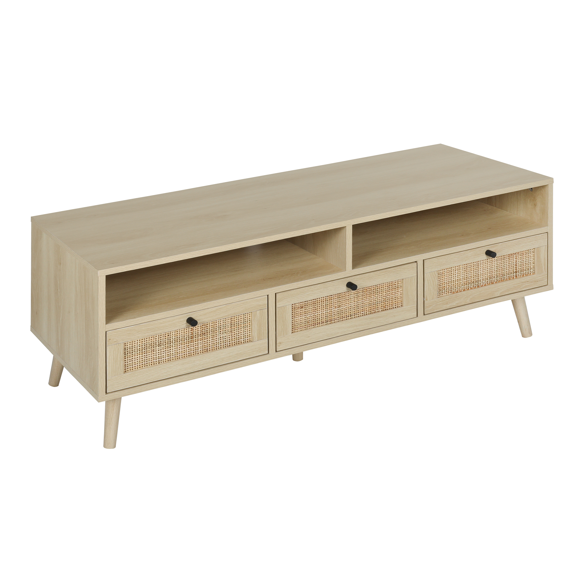Hommoo Rattan TV Stand with Solid Wood Feet, TV Storage Shelf Cabinet, Modern TV Console Table for Home and Office, Natural