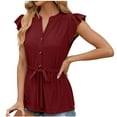 thumbnail image 4 of WREESH Women's Stripe V-Neck Cap Sleeve Tunic Dressy Casual Summer Eyelet Top Wine, 4 of 5