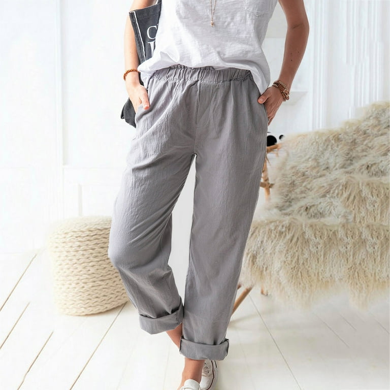 Straight ankle length linen trousers/pants with an elastic band and pockets