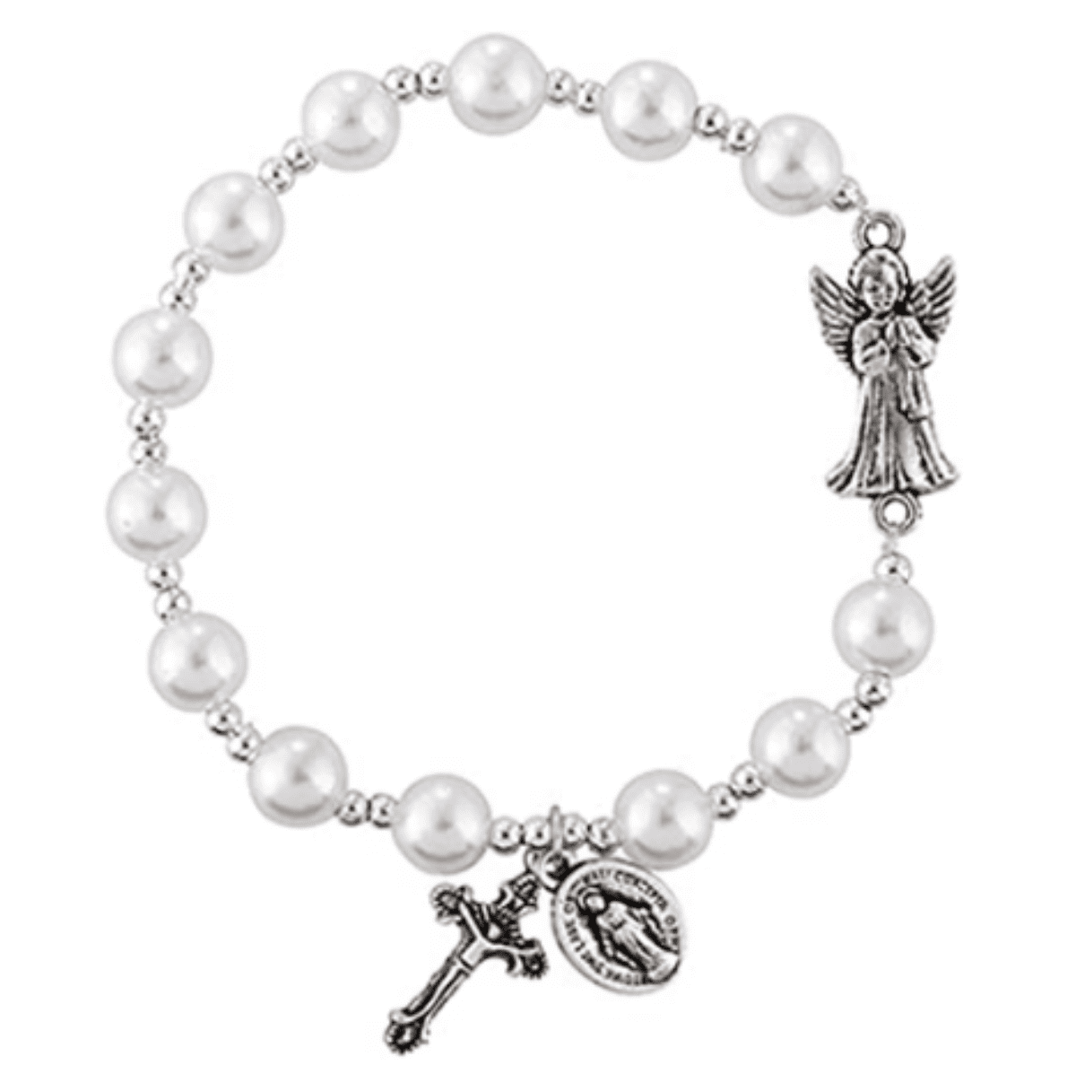 Bonyak Jewelry Guardian Angel W/Child Silver Plate Rosary Bracelet 6mm Fire Polished Beads Every Birth Month Color