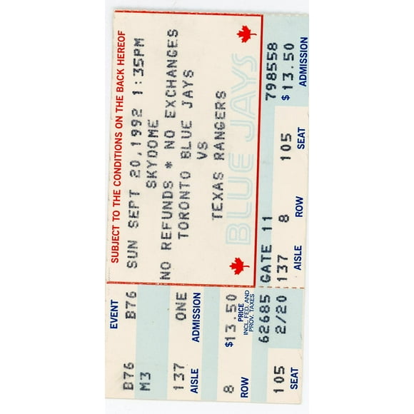 Blue Jays Vs. Texas Rangers Vintage Ticket Skydome (Toronto, 1992)