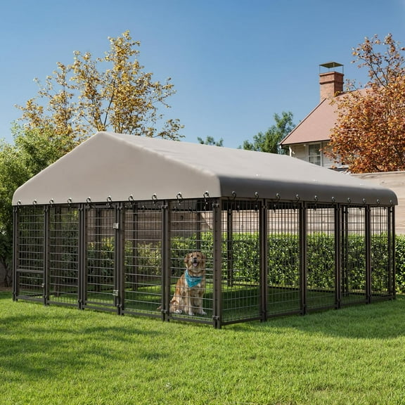 Large Dog Kennel Outside Heavy-Duty Outdoor Dog Cage with Roof and Double Lock - Spacious, Dog Crate for Pets with Feeding, 120"X117"