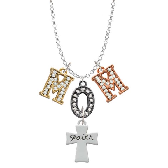 Delight Jewelry Silvertone Faith Flat Cross Multi-Colored Crystal Mom Charm Necklace